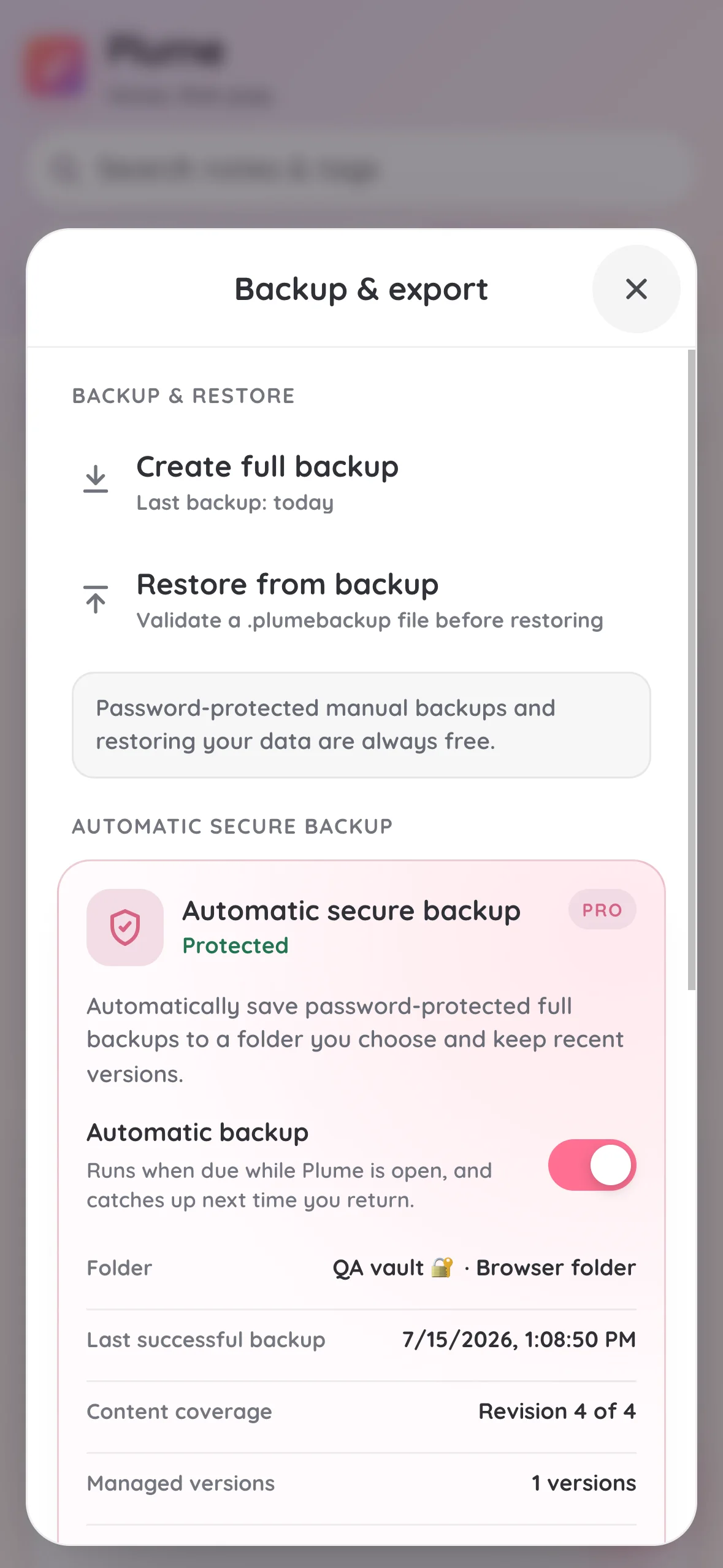 Plume automatic secure backup showing a Protected status and retained versions
