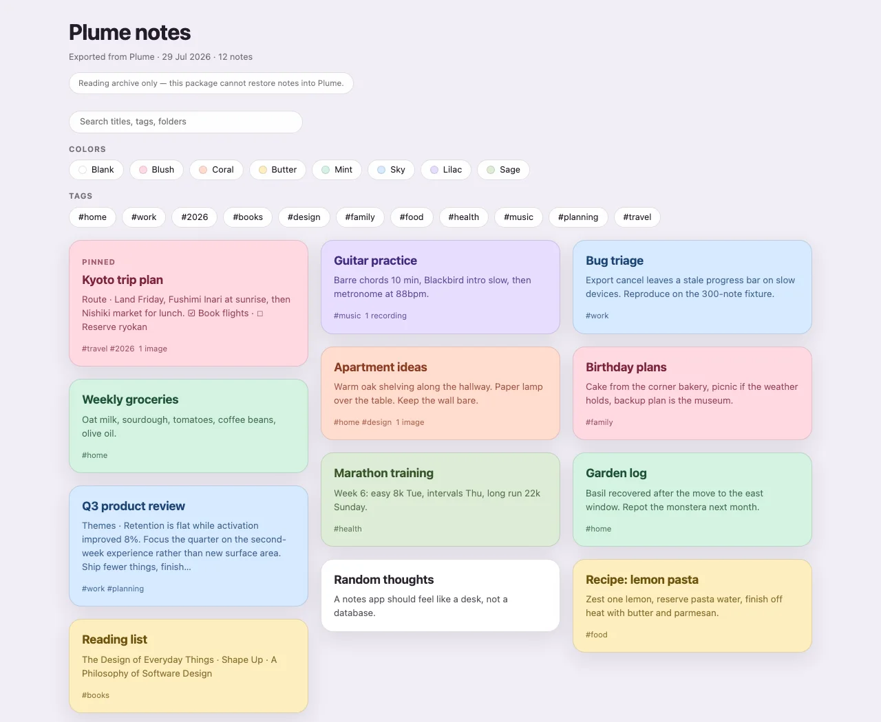 An English Plume offline notes site with search, filters, tags, and colorful note cards