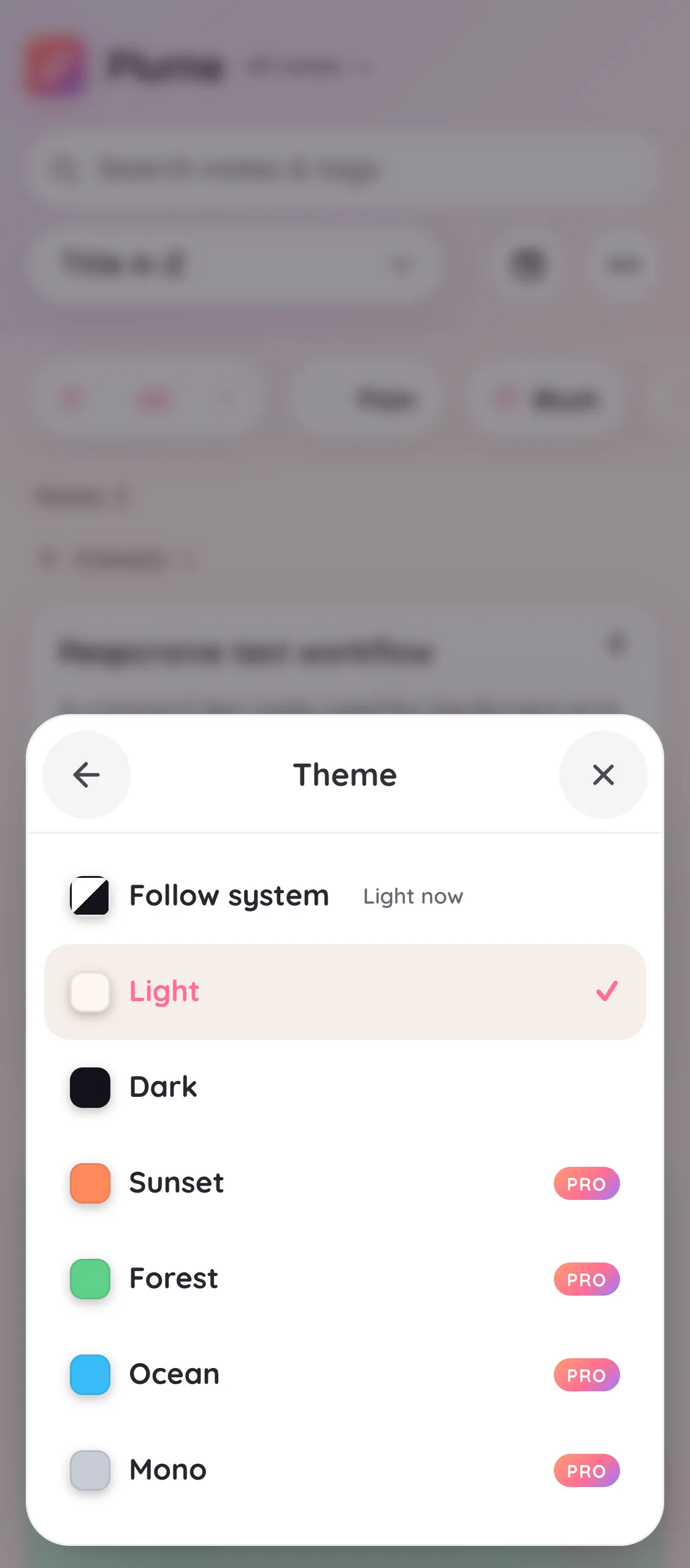 Plume theme picker listing the Pro Sunset, Forest, Ocean, and Mono themes
